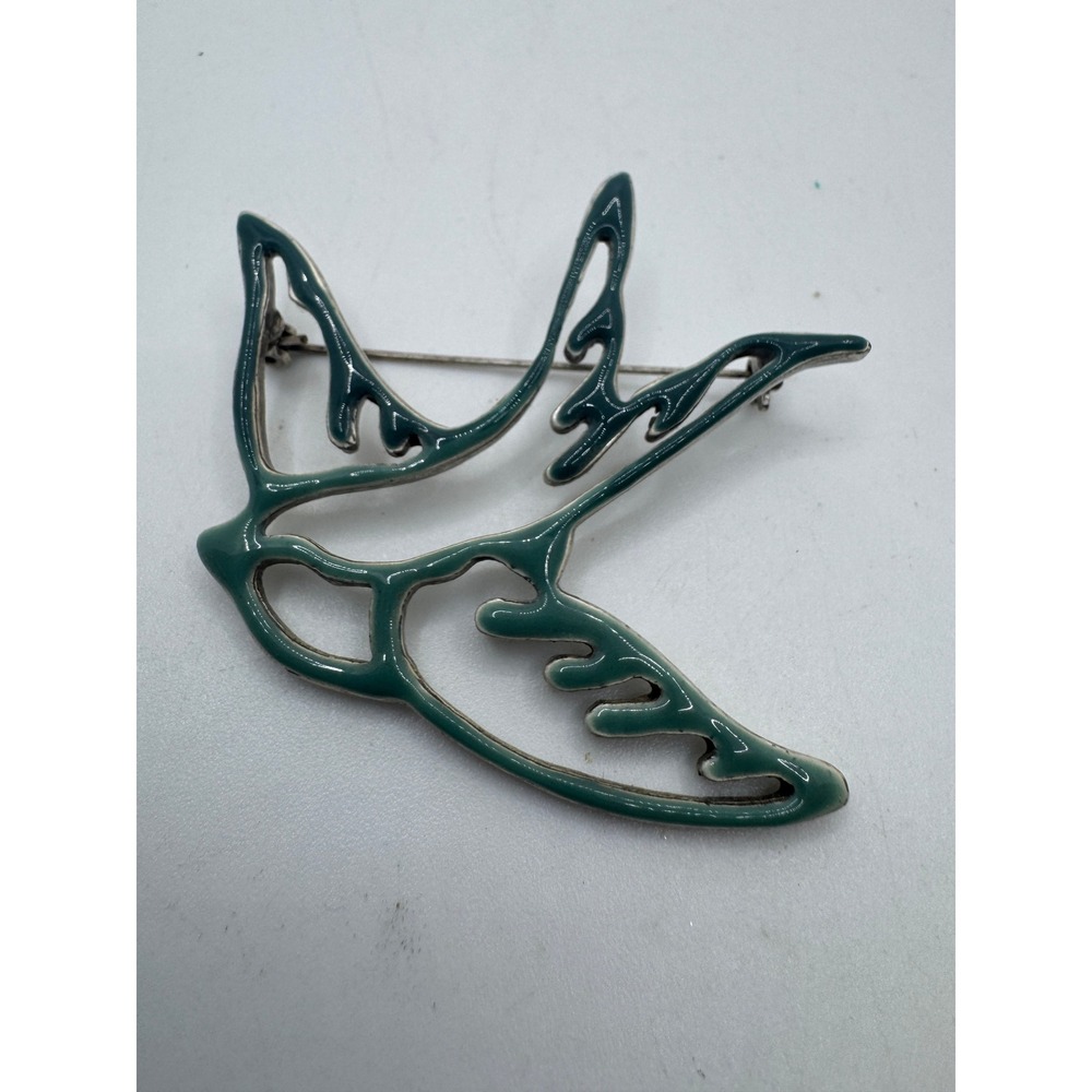 Vintage Teal Blue Enamel Bird Brooch Modernist Silver Tone Swallow Pin